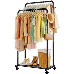 Double Rod Metal Clothes Rack with Wheels Hooks Shelf for Hanging Garments